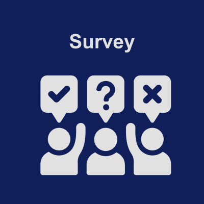 Survey with icon of 3 people with a tick, a question mark, and a cross